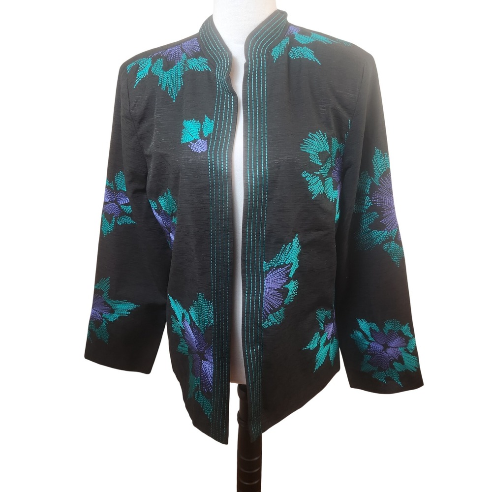 Birch Hill Silk Open Blazer Womens XL Black Teal Floral Embroidered Artsy Jacket